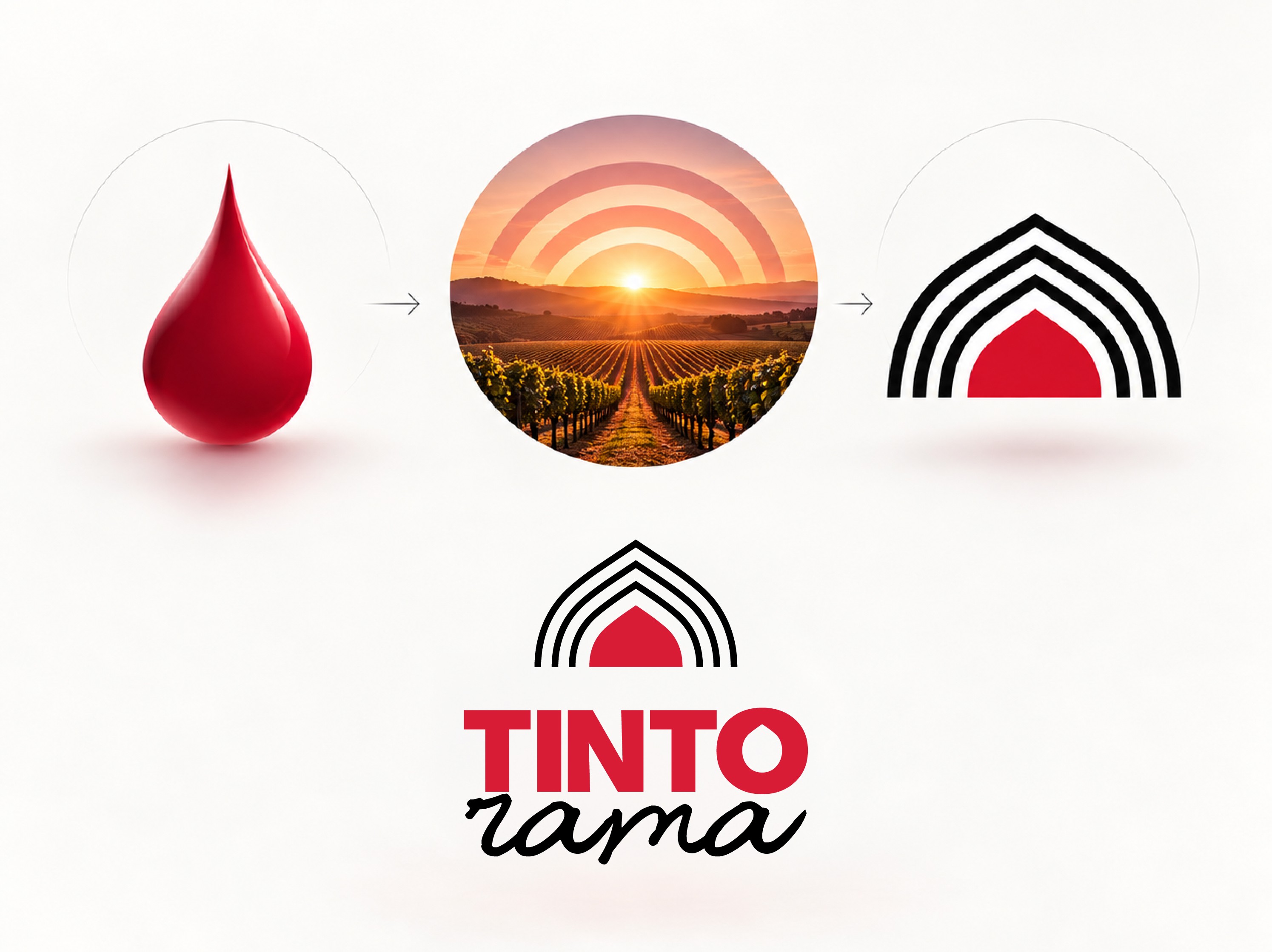 Construcción del isotipo de Tinto Rama inspirado en una gota de vino y el atardecer